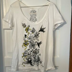 Lauren Moshi White Floral Hummingbird Cotton T-Shirt Women’s Size Medium